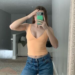 Y2K Body Hugging Light Peach Elegant Deep V-Neckline Tank Top